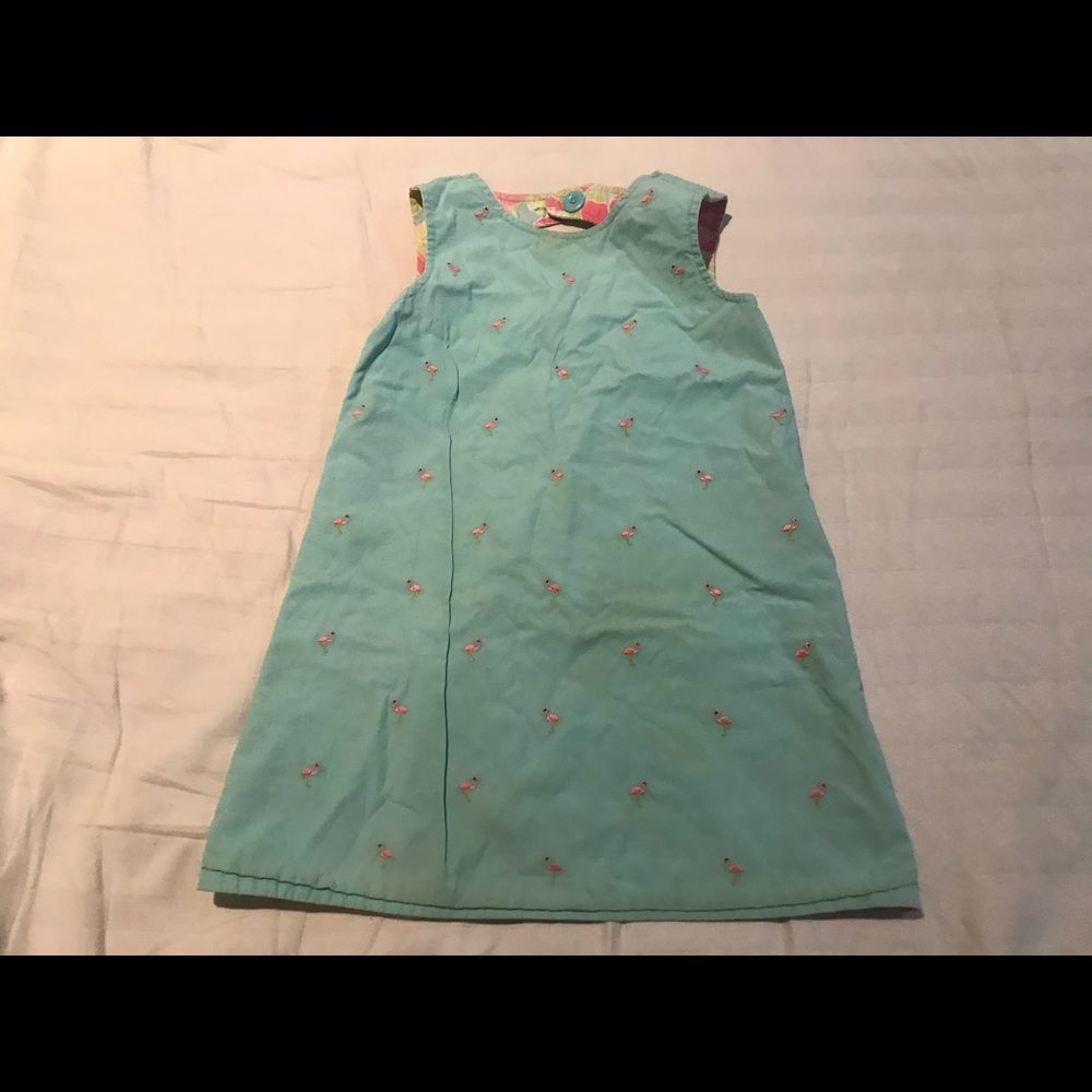 Reversible cotton girl dress floral and flamingo, round cutout back. 4T - Picture 2 of 4